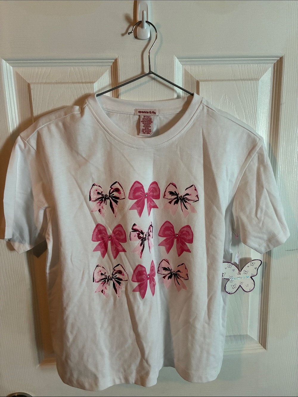 Girls' White Short-Sleeve Tee with Pink Bow Motif